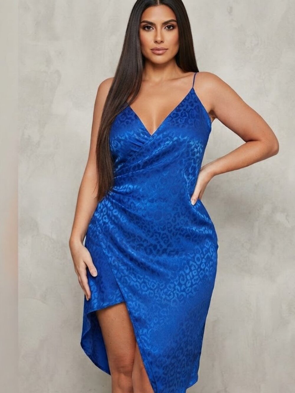 Asymmetric Royal Blue Flirty High/Low Lined Rouched Animal Print Dress - NWT